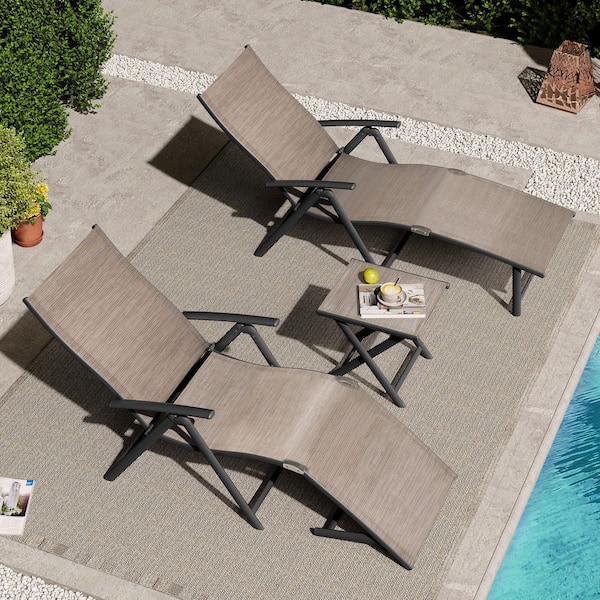 Pellebant 3-Piece Adjustable Aluminum Outdoor Chaise Lounge in Espresso with Side Table
