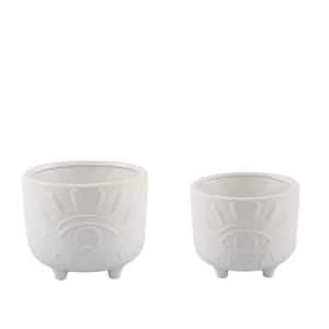 6 in. and 4.75 in. Matte White Evil Eye Ceramic Plant Pot with Legs (Set of 2)