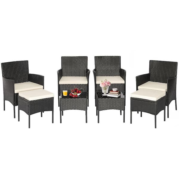 Costway 8-Pieces Patio Rattan Furniture Set Sofas Ottomans Cushioned Table Free Combination in White