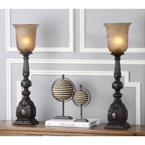 Dion Artifact 27.5 in. Oil-Rubbed Bronze Table Lamp with Antique White Glass Shade (Set of 2)