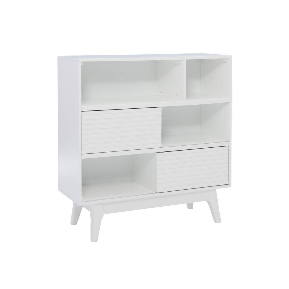 Linon Home Decor Wylee 38 in. Tall White wood 3 Shelf Horizontal Bookcase with 2 Sliding Doors
