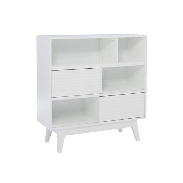 Linon Home Decor Wylee 38 in. Tall White wood 3 Shelf Horizontal Bookcase with 2 Sliding Doors