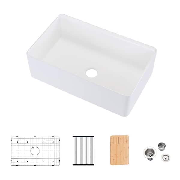 Tahanbath White Fireclay 33 in. Single Bowl Farmhouse Apron Workstation Kitchen Sink with Accessories