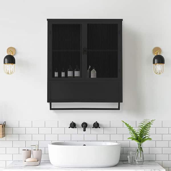 9.06 in. W x 30.71 in. H Rectangular Black Surface Mount Medicine Cabinet without Mirror with Towel Rack
