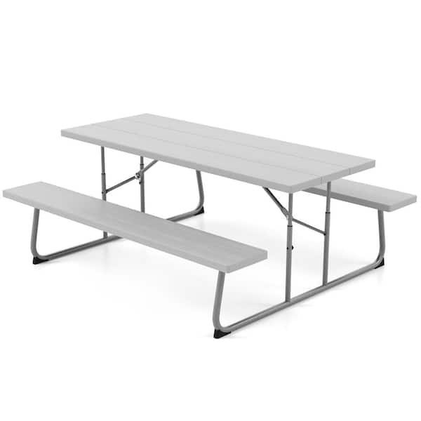 ANGELES HOME 72 in. Gray RecTangle Metal Folding Picnic Table Seats 8 People with Umbrella Hole, All-Weather HDPE Tabletop