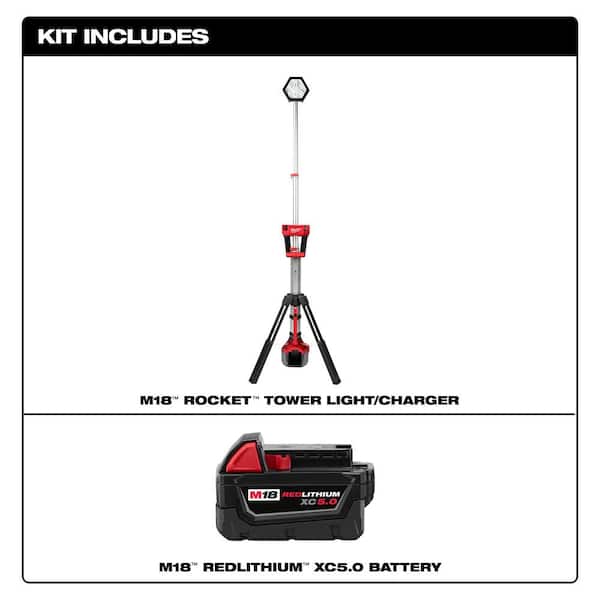 Milwaukee M18 18-Volt Lithium-Ion Cordless Rocket Dual Power Tower Light with M18 5.0Ah Battery and Charger