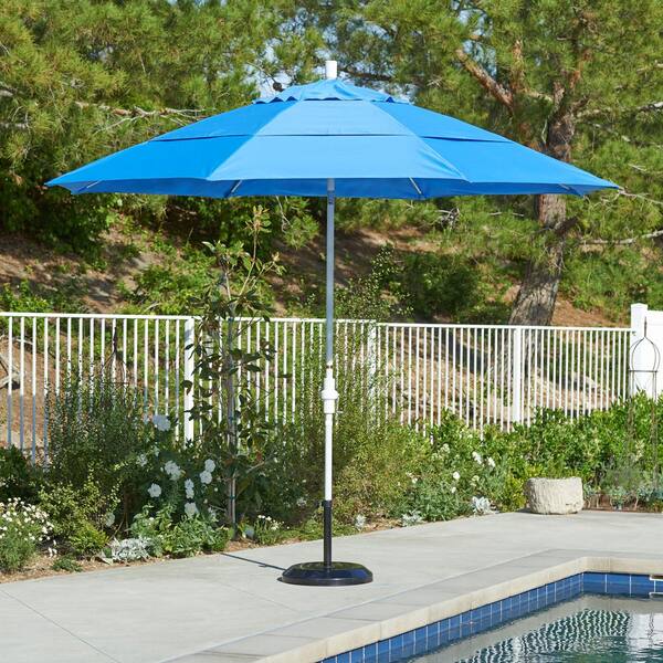 7.5 ft. Grey Aluminum Market Collar Tilt Crank Lift Patio Umbrella in Pacific Blue Sunbrella