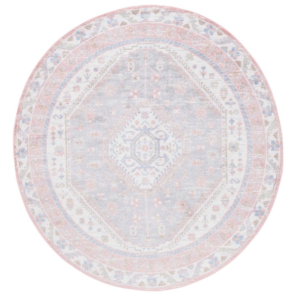 SAFAVIEH Bayside Ivory/Blue Pink 3 ft. x 3 ft. Machine Washable Traditional Medallion Round Area Rug