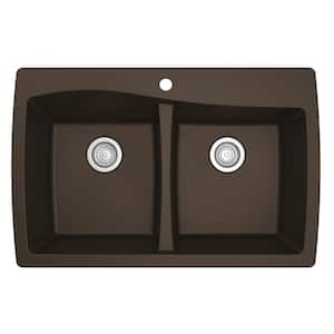 Drop-In Quartz Composite 34 in. 1-Hole 50/50 Double Bowl Kitchen Sink in Brown