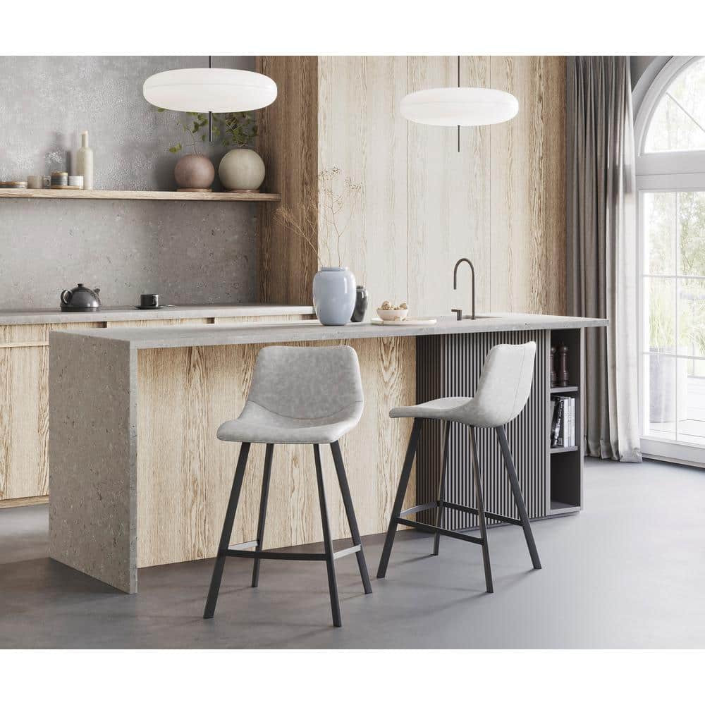 Modern Gray Faux Leather Counter Stools with Metal Frame - Set of 2