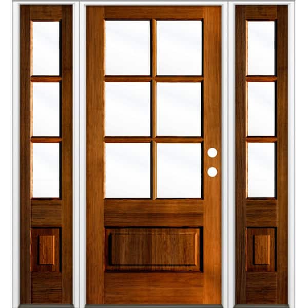 Krosswood Doors 64 in. x 80 in. Farmhouse 3/4 Lite Clear Glass Left-Hand/Inswing Red Chestnut Stain Hemlock Prehung Front Door w/DSL