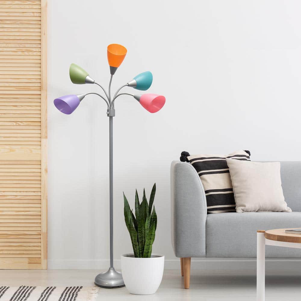 67" Silver Multi-Head Adjustable Gooseneck Floor Lamp with Multicolor Shades