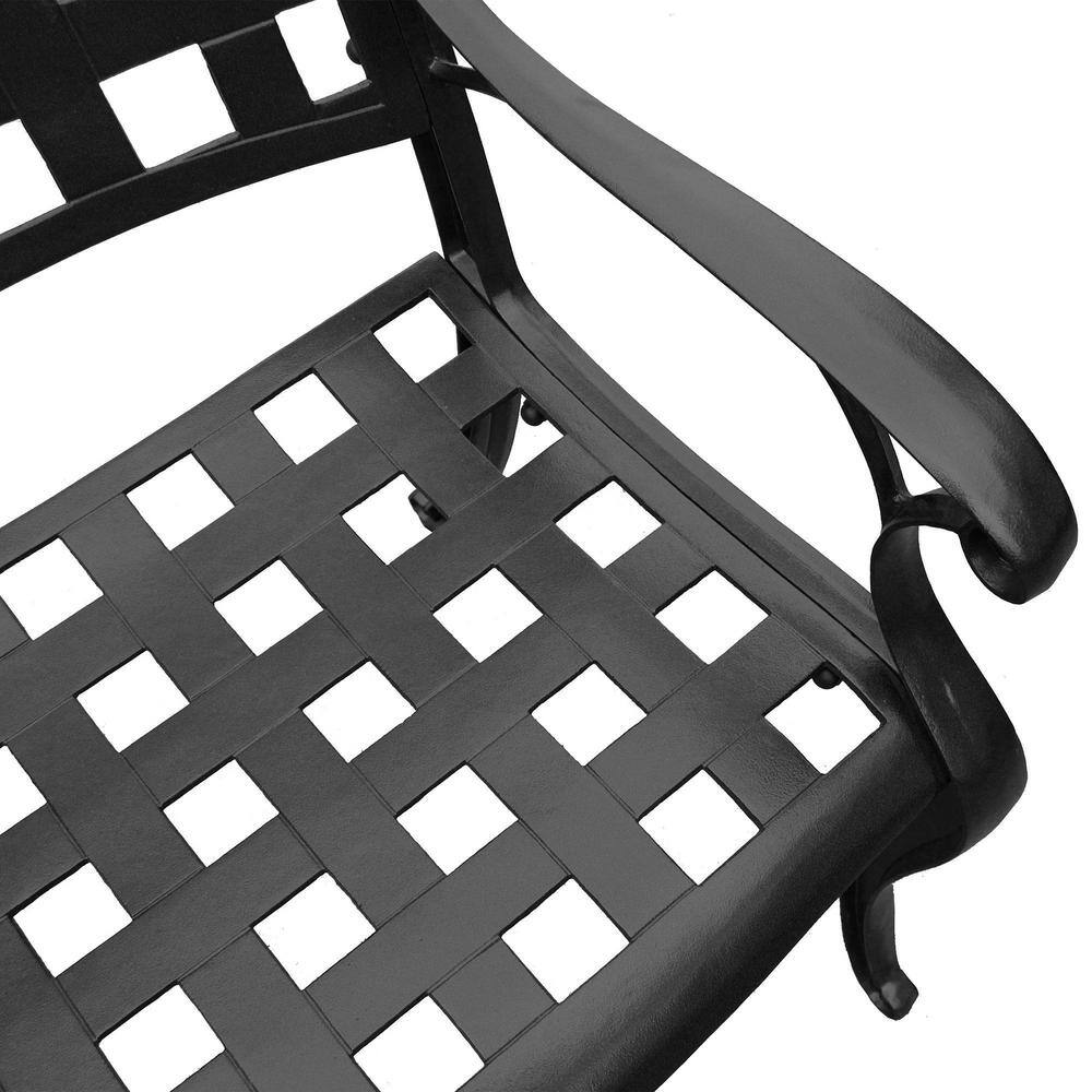 Detail of the woven seat of a black outdoor dining chair.