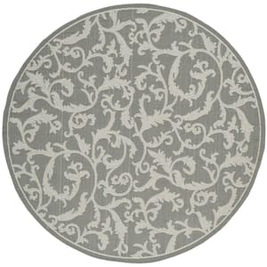 Courtyard Anthracite/Light Gray 5 ft. x 5 ft. Round Floral Indoor/Outdoor Patio  Area Rug