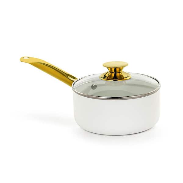 HOLSTEIN HOUSEWARES 2.5 qt. Ceramic Nonstick Sauce Pan White and Gold