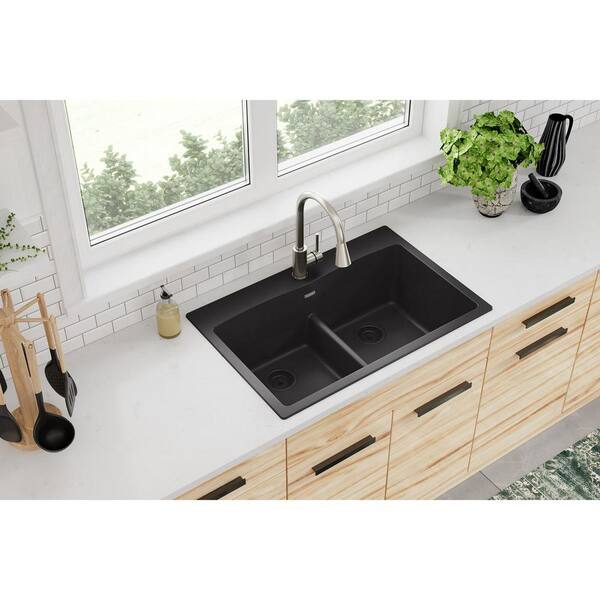 Black Quartz Kitchen Sink Double Bowl Drop-In Sink with Drain