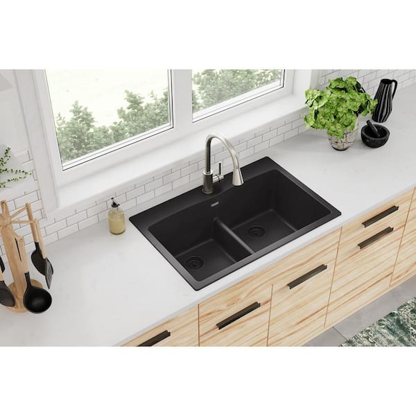 Quartz Classic 33 in. Drop-in Double Bowl Black Granite/Quartz Composite Kitchen Sink Only