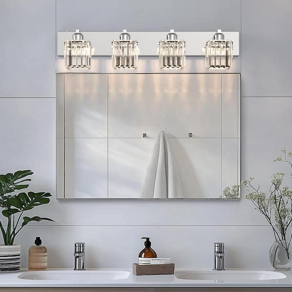 32 in. 4-Light Modern Chrome Crystal Bathroom Integrated LED Vanity Light Fixture with Clear Glass Shades