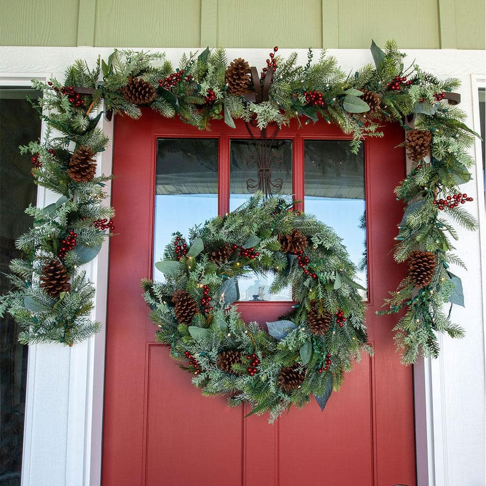 Frosted Pinecone 9ft LED Garland with Red Berries for Outdoor Decor