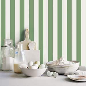 Traditional Awning Stripe Green/White Matte Finish Vinyl on Non-Woven Non-Pasted Wallpaper Roll