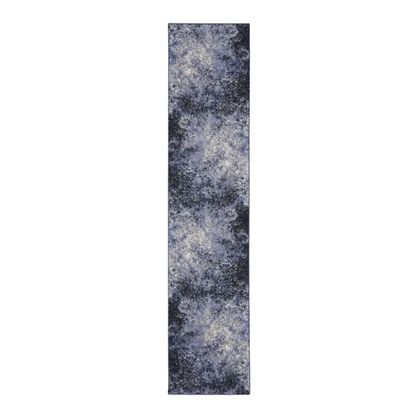 2 X 10 Blue, Ivory Abstract Washable Runner Rug