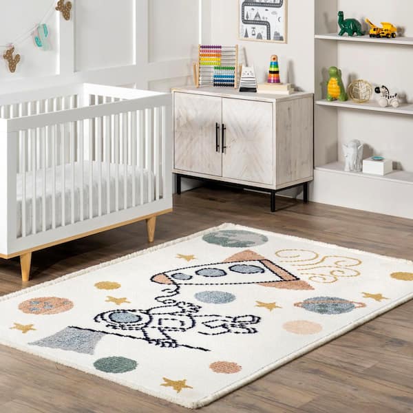 Caree Astronaut Kids Fringe Beige Doormat 3 ft. x 5 ft. Accent Rug