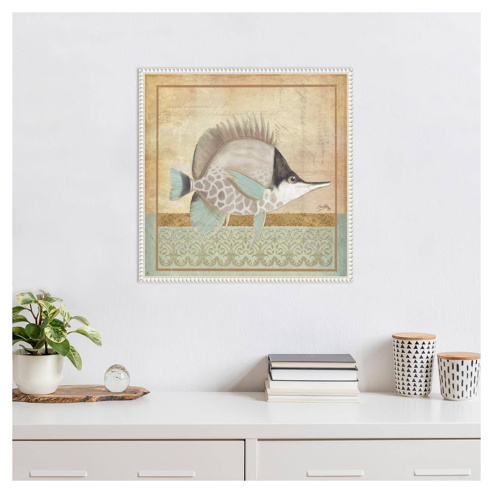 Vintage Fish IV Coastal Canvas Wall Art in White Frame