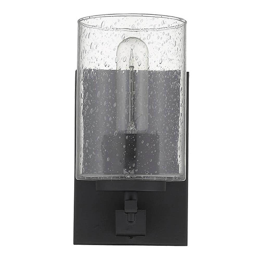 Orella Matte Black Steel Cylinder Sconce with Seedy Glass