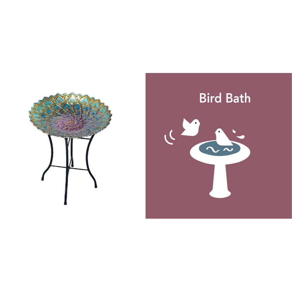 18" Multicolor Mosaic Glass Bird Bath with Metal Stand