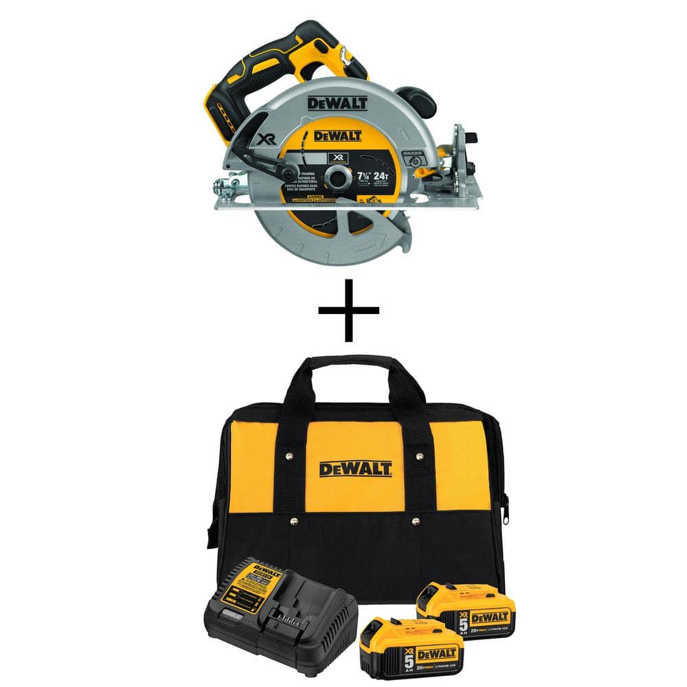 DEWALT 20V MAX Li-Ion Cordless Brushless 7-1/4 in. Circ Saw, (2) 20V MAX XR Premium Lithium-Ion 5.0Ah Batteries, and Charger -  DCS570BWDCB52