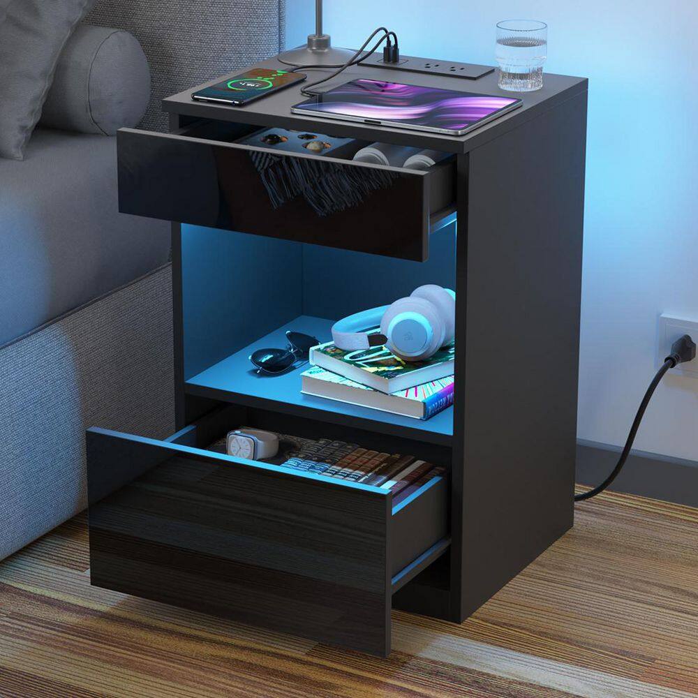 Modern Black 2-Drawer 23.62 in. H x 15.75 in. W x 13.78 in. D Nightstand with Charging Station and RGB LED Light Strip price history on PriceWatchPro