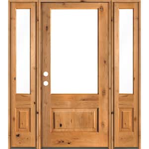 64 in. x 80 in. Farmhouse Knotty Alder Right-Hand/Inswing 3/4 Lite Clear Glass Clear Stain Wood Prehung Front Door DSL