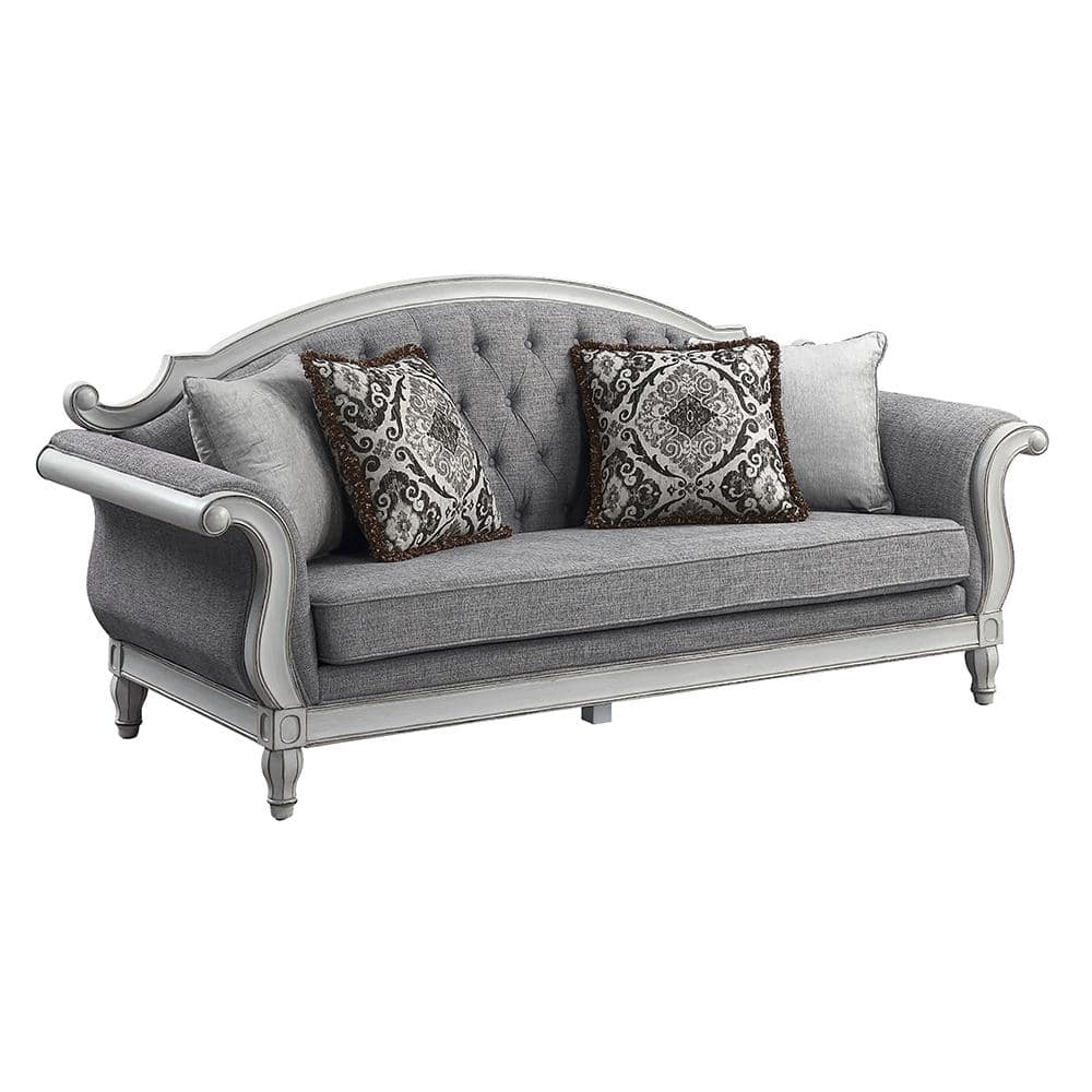 Florian 35 in. Round Arm Linen Rectangle Sofa in. Gray Fabric & Antique White Finish -  Acme Furniture, LV02119