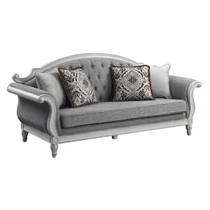 Florian 35 in. Round Arm Linen Rectangle Sofa in. Gray Fabric & Antique White Finish