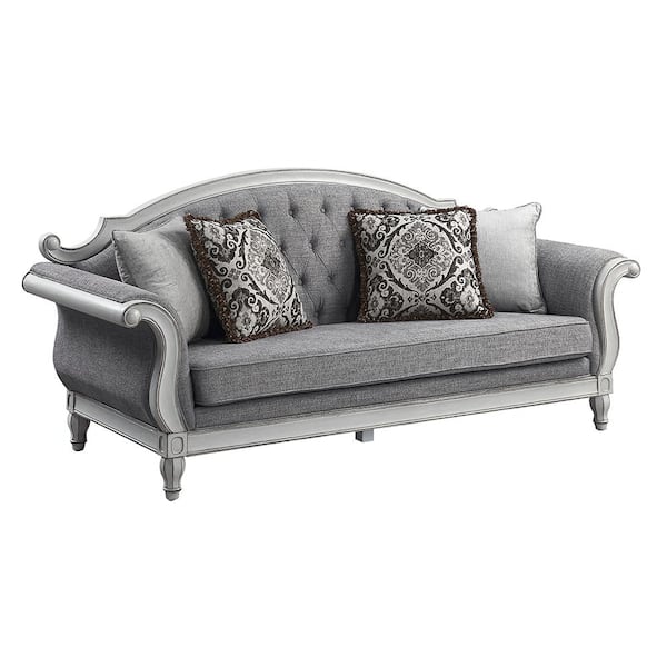 Acme Furniture Florian 35 in. Round Arm Linen Rectangle Sofa in. Gray Fabric & Antique White Finish