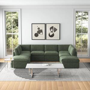 129 in. Armless Polyester Corduroy Upholstery U-Shaped Deep-Seated Oversized 8-Pieces Corner Sectional Sofa in Green