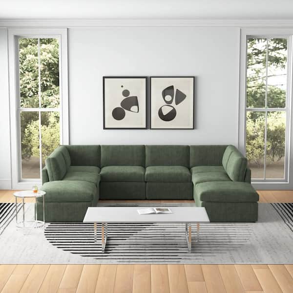 Monland 129 in. Armless Polyester Corduroy Upholstery U-Shaped Deep-Seated Oversized 8-Pieces Corner Sectional Sofa in Green