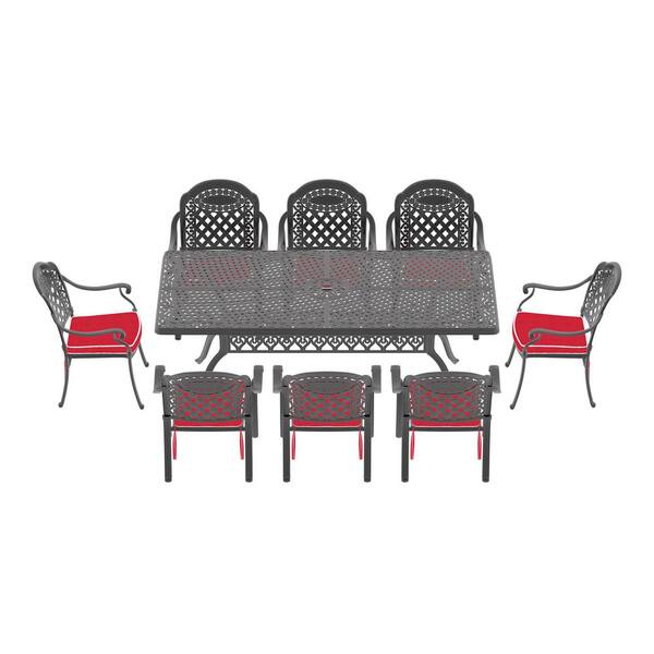9-Piece Black Cast Aluminum Patio Outdoor Dining Set with Rectangular Table and 8 Chairs with Red Cushions