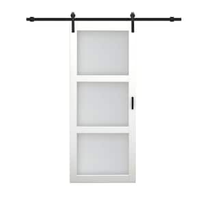 36 in. x 84 in. 3-Lites Pre Assembled Frosted Glass White MDF Interior Sliding Barn Door w/ Hardware Kit and Door Handle