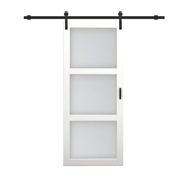 CALHOME 36 in. x 84 in. 3-Lites Pre Assembled Frosted Glass White MDF Interior Sliding Barn Door w/ Hardware Kit and Door Handle