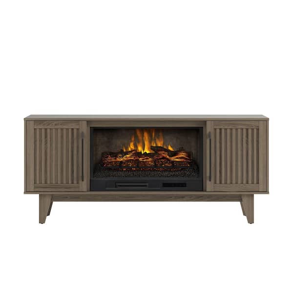 SCOTT LIVING ROSALIE 65 in. Freestanding Media Console Wooden Electric Fireplace in Warm Gray Birch
