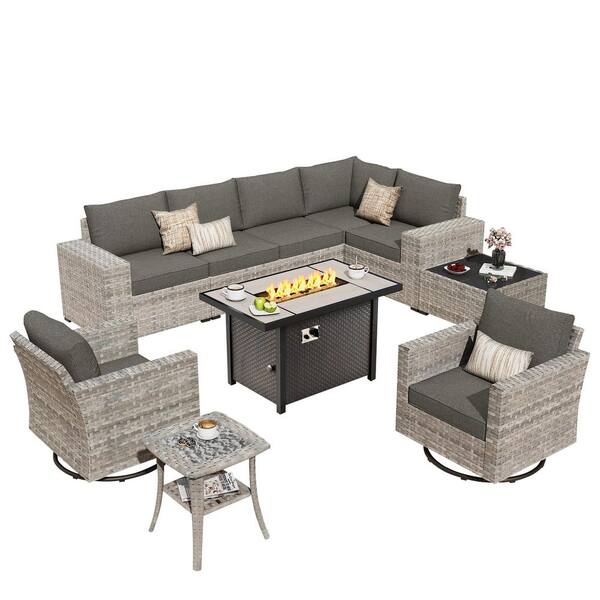 Baldwin Gray 10-Pieces Wicker Wide Arm Outdoor Patio Sofa Sectional Set with Metal Fire Pit and Black Cushions