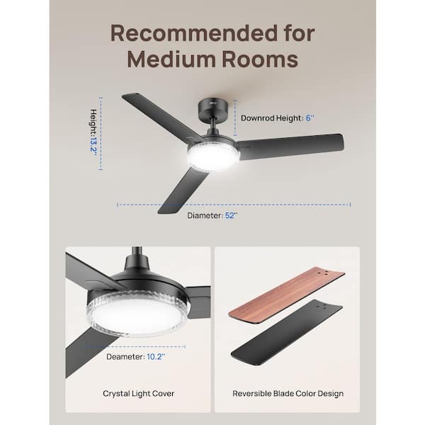52 in. Black Downrod Mount Standard Ceiling Fan with Integrated LED Light and Remote Included