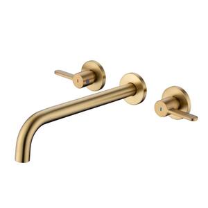 2-Handle Wall Mount Roman Tub Faucet with High Flow Rate and Long Spout in Polished Brushed Gold