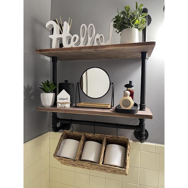 Over-The-Toilet Industrial Pipe & Burnt Wood 3 Tier Bathroom Storage Wall  Shelf