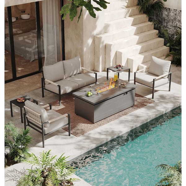 6-Piece Metal Patio Conversation Set with Warm Grey Cushions, Outdoor Furniture Set with Gray Fire Pit Table