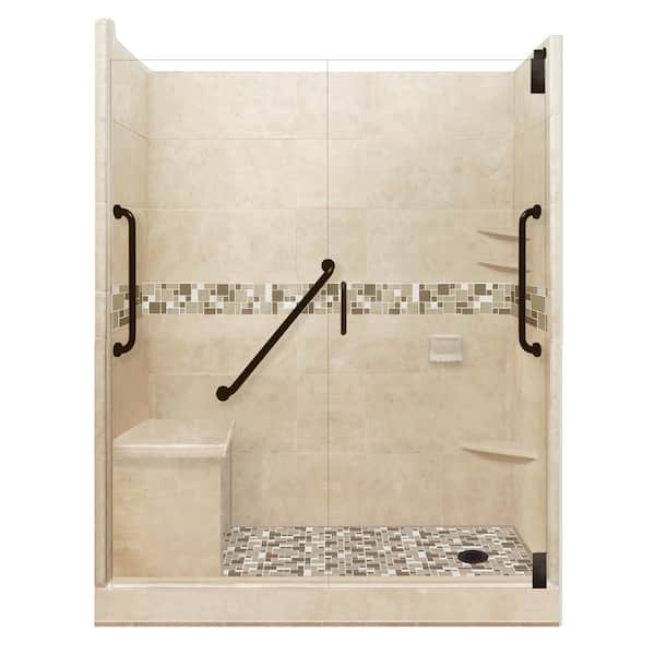 American Bath Factory Tuscany Freedom Grand Hinged 30 in. x 60 in. x 80 in. Right Drain Alcove Shower Kit in Brown Sugar and Old Bronze