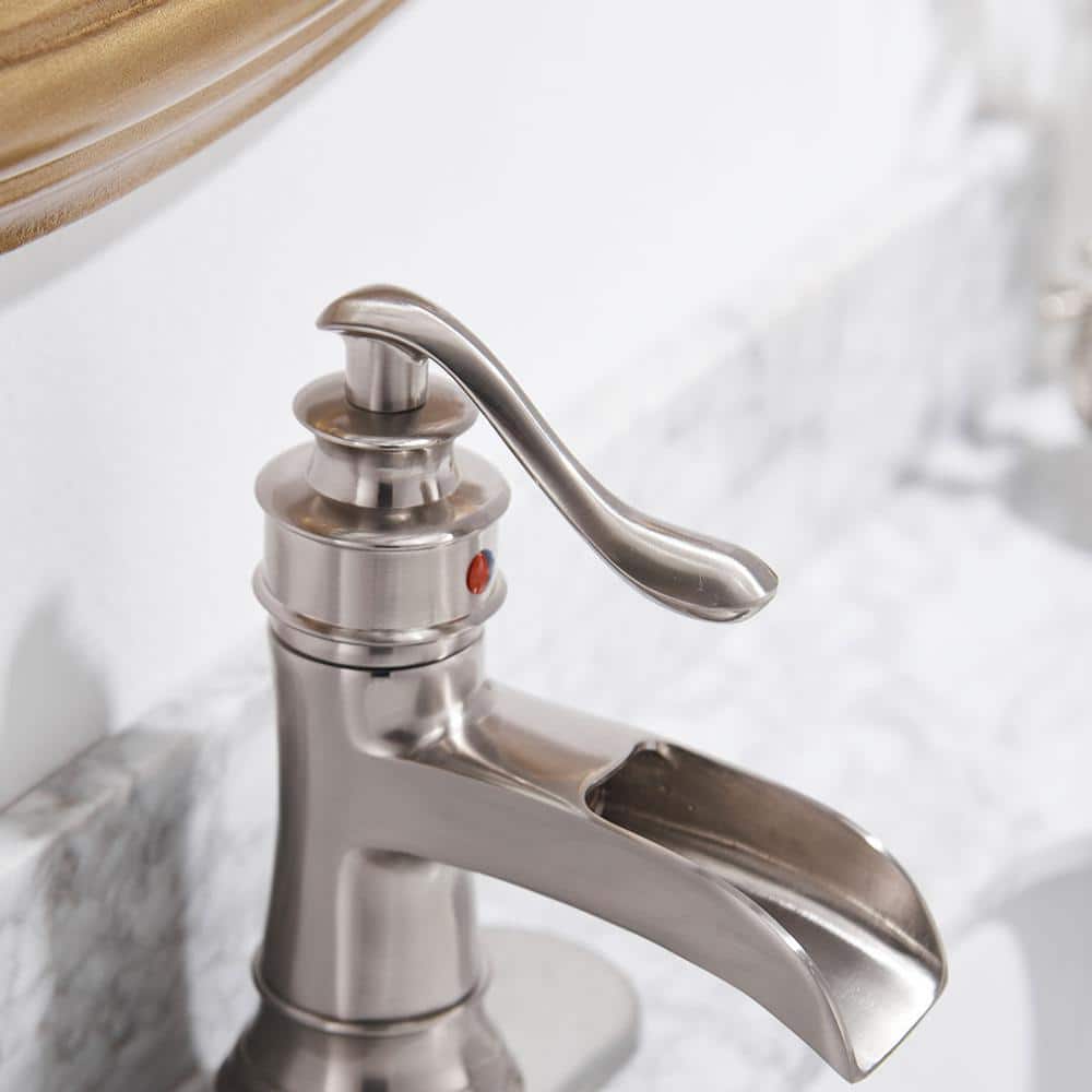 Brushed Nickel Waterfall Single-Handle Bathroom Faucet with Drain Assembly
