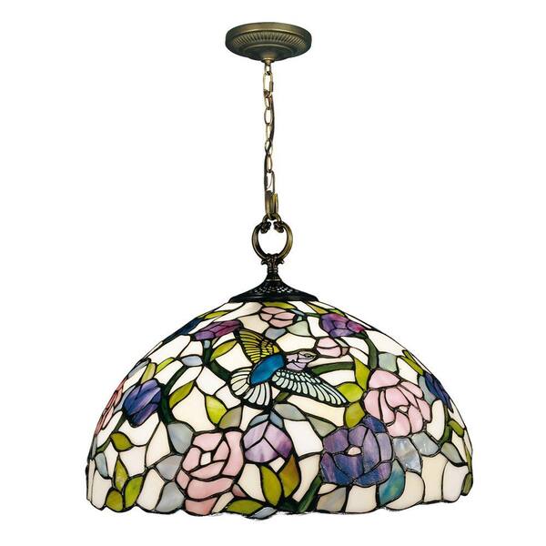 Dale Tiffany Hummingbird 1-Light Antique Brass Hanging Pendant with Art Glass Shade