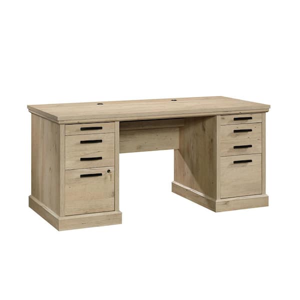 Sauder Aspen Post 65 118 In W Prime Oak 6 Drawer Executive Desk 426487 The Home Depot